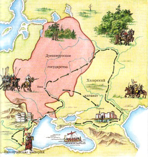 矢印→スヴャトスラフの遠征の経路　太線で囲まれた部分→古代ルーシ国家の国境