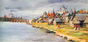 北方からのノヴゴロドの町の外観、14世紀（booksite.ru/enciklopedia/towns/より）